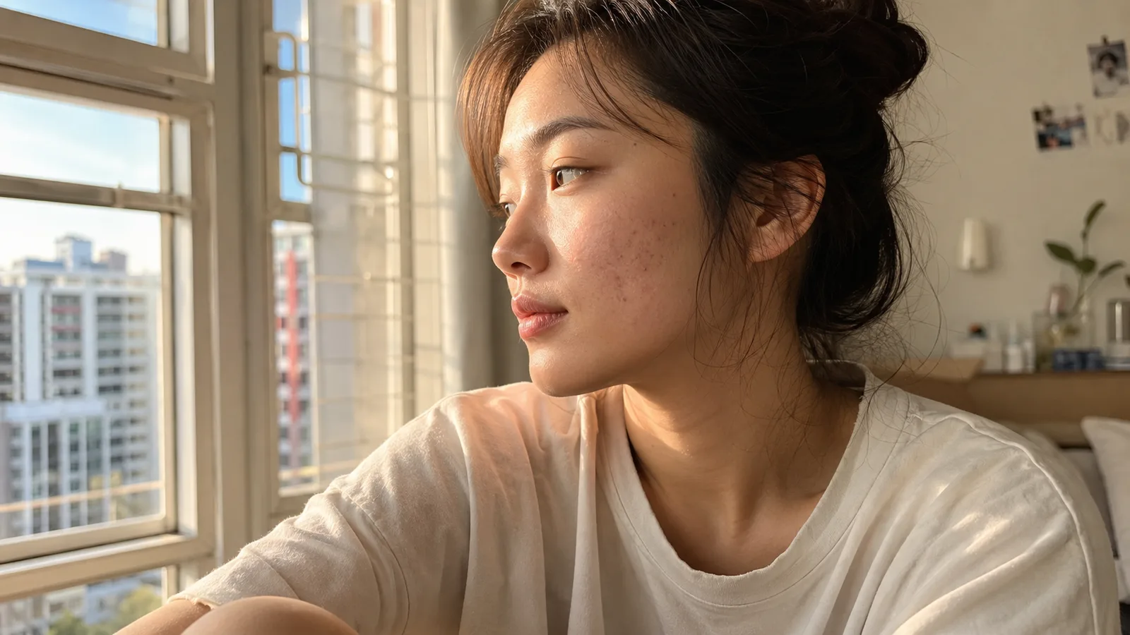 Real skin with lingering acne scars in natural light