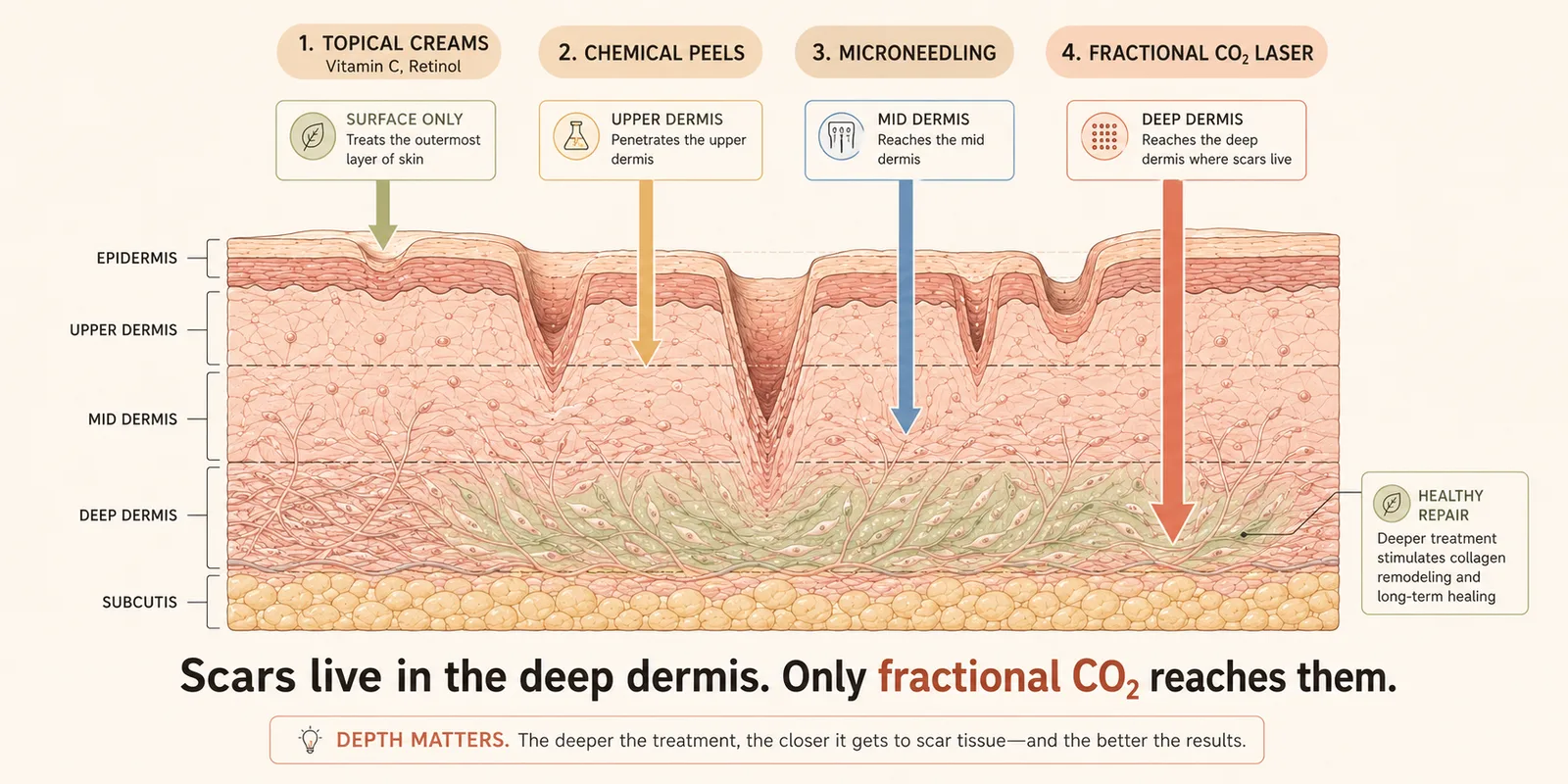 Treatment depths comparison: only fractional CO2 reaches deep dermis
